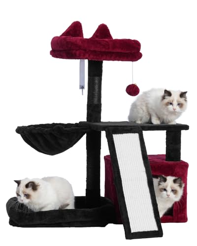 Gitelsnour Gothic Katzenbaum Halloween Katzenturm mit Höhle Korb Großes Bett Plattform Kratzbrett Katzenkratzbäume für Indoor Katzen Schwarz und Rot GCT002SBR von Gitelsnour