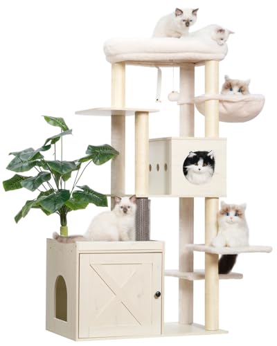 Gitelsnour Moderner Kratzbaum mit Katzentoilette, großer Katzenturm aus Holz, Katzenhütte für Indoor-Katzen mit Spielgarten, Katzenklo Möbel, Katzenhaus, Weiß GCT110WT von Gitelsnour