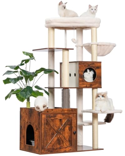 Gitelsnour Moderner Kratzbaum mit Katzentoilette, großer Katzenturm aus Holz, Katzenhütte für Indoor-Katzen mit Spielgarten, Katzenklo Möbel, Katzenhaus, rustikales Braun GCT110SR von Gitelsnour