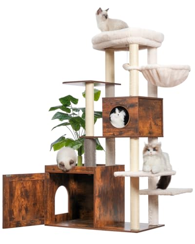 Gitelsnour Katzenbaum mit Katzentoilettengehege, großer Katzenturm aus Holz, Katzenhaus für Indoor-Katzen mit Spielgarten (Blatt, Rasen, Haargummis), modernes Katzenhaus Rustikal Braun GCT110SR von Gitelsnour