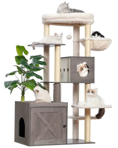 Gitelsnour Moderner Kratzbaum mit Katzentoilette, großer Katzenturm aus Holz für Indoor-Katzen mit Spielgarten, Katzenklo Möbel, Katzenhaus, dunkelgrau GCT110DG von Gitelsnour