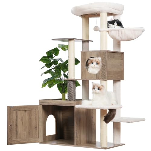 Gitelsnour Kratzbaum mit Katzentoilettengehege, großer Katzenturm aus Holz für Indoor-Katzen mit Spielgarten (Blatt, Rasen, Haargummis), modernes Katzenhaus, rustikales Grau GCT110SG von Gitelsnour