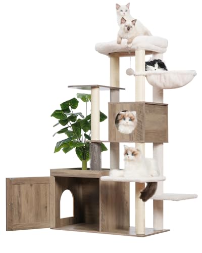 Gitelsnour Kratzbaum mit Katzentoilettengehege, großer Katzenturm aus Holz für Indoor-Katzen mit Spielgarten (Blatt, Rasen, Haargummis), modernes Katzenhaus, rustikales Grau GCT110SG von Gitelsnour