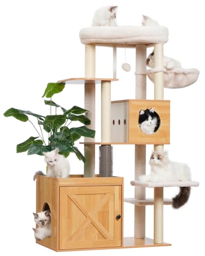 Gitelsnour Moderner Kratzbaum mit Katzentoilettengehege, großer Katzenturm aus Holz für Indoor-Katzen mit Spielgarten, Katzenklo Möbel, Katzenhaus, Walnuss GCT110WB von Gitelsnour