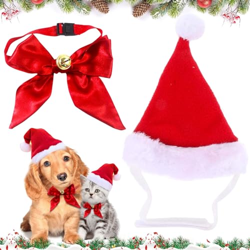 2 Stück Weihnachten Hundekostüm, Hund Weihnachtsmütze, Weihnachtsmützen für Katzen, Halsband Weihnachtskostüm Zubehör Set, Einstellbare Größe Haustier Hut für Katzen Welpen kleine Hunde von Giugio