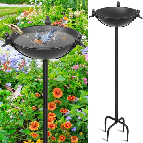 Giyiprpi Vogeltränke Vogelbad Vogelbecken Wassertränke Tränke Wasserschale Stecker Eisen, 147x25cm Metall Vogelbad für Wassertränke Mit 3 Vogelskulpturen, Vogelbad Futterstelle für das Blumenbeet oder von Giyiprpi