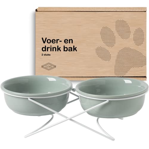 Gizmo Futternapf Katze/Hund Doppelt - Hellgrün - 2 Keramik Trink- & Futternäpfe mit Ständer - Trinknapf - 15CM - 600ML von Gizmo