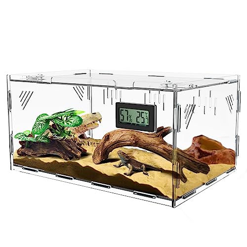 Giznzg Terrarium für Reptilien, Reptil Fütterungsbox, 360° Acryl Terrarium mit Digitales Thermometer Hygrometer Reptilienzuchtbox für Spinne/Schnecke/Frosch/Eidechse/Schildkröte etc.(40 * 25 * 18cm) von Giznzg