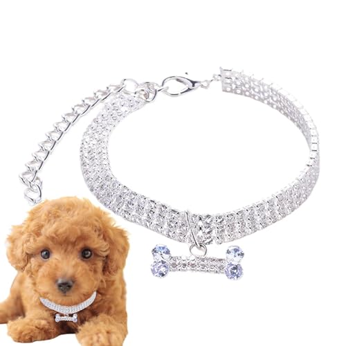 GjnjfdF Welpen-Halskette, glitzerndes Hundehalsband,Halskette mit Knochenanhänger und Strasssteinen für Haustiere | 3 Reihen glitzernder Strassstein, eleganter Hochzeitsschmuck für Katzen und Hunde, von GjnjfdF