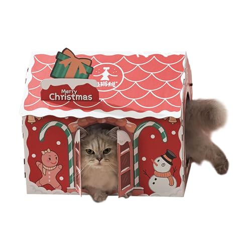 Weihnachten Katzenhaus Pappe Katzenhaus Aus Karton Karton Katzenhöhle Bissfestes Indoor-Weihnachtskatzenhaus Mit Katzenminze Und 2 Fenstern Zum Schlafen 46x33x40cm von GjnjfdF