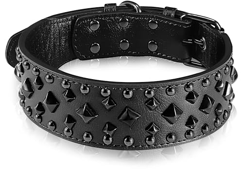 Premium Hundehalsband aus Kunstleder mit Spikes, mit quadratischen Nieten: stilvolles und langlebiges Design, bequeme Passform für kleine, mittelgroße und große Hunde – ideal für den täglichen von Glanhook