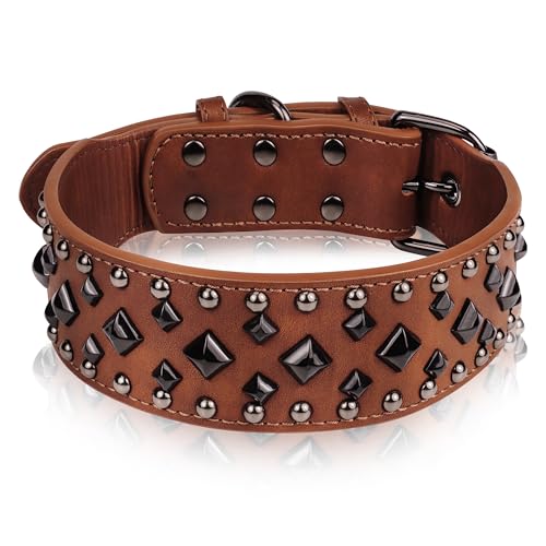 Premium Hundehalsband aus Kunstleder mit Spikes, mit quadratischen Nieten: stilvolles und langlebiges Design, bequeme Passform für kleine, mittelgroße und große Hunde – ideal für den täglichen von Glanhook