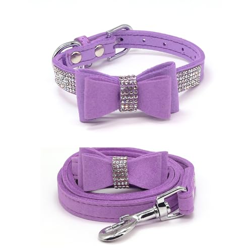 Schillerndes Strass-Hundehalsband mit weichem Stoff und Kristall-Fliege, elegante und glamouröse Welpenhalsbänder für kleine Hunde mit Leine in Hellviolett, Größe L von Glanhook