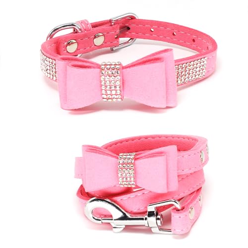 Schillerndes Strass-Hundehalsband mit weichem Stoff und Kristall-Fliege, elegante und glamouröse Welpenhalsbänder für kleine Hunde mit Leine in Rosa, XS von Glanhook