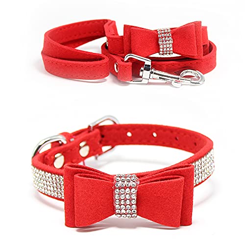 Schillerndes Strass-Hundehalsband mit weichem Stoff und Kristall-Fliege - Elegante und glamouröse Welpenhalsbänder für kleine Hunde mit Leine in Rot S von Glanhook