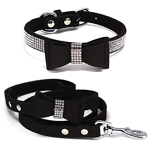 Schillerndes Strass-Hundehalsband mit weichem Stoff und Kristall-Fliege - Elegante und glamouröse Welpenhalsbänder für kleine Hunde mit Leine in Schwarz S von Glanhook