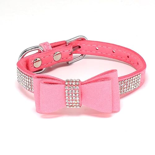 Schillerndes Strass-Hundehalsband mit weichem Stoff und Kristallfliege, elegante und glamouröse Welpenhalsbänder für kleine Hunde in Rosa, S von Glanhook