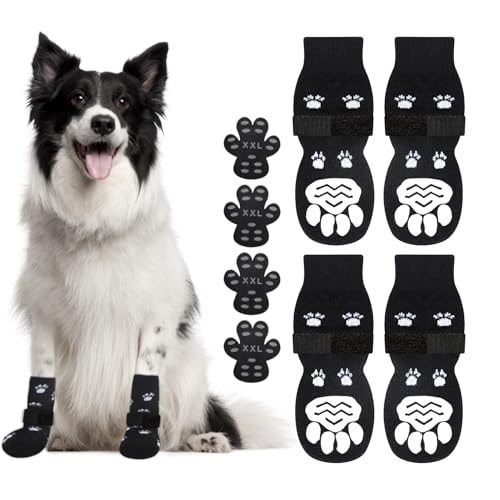 GlasFlength 4 Stück Indoor Anti-Rutsch Socken für Hunde und Katzen, Hundesocken Pfotenschutz Verstellbaren Hundesocken Anti Rutsch mit 4 Stücke Hund Pfotenschutz Selbstklebende XXL (Schwarz, L) von GlasFlength