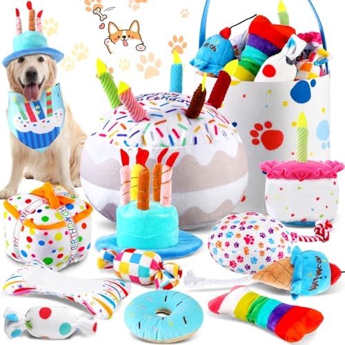 Glimin 12 Stück Hund Geburtstagsgeschenk Spielset, Hund Geburtstag Spielzeug Hund Quietschspielzeug Plüsch Spielzeug Geburtstag Kuchen Hut Bandana Spielzeug Geburtstag Ballon Hundespielzeug von Glimin