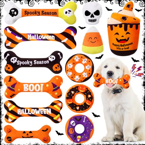 Glimin 12-teiliges Halloween-Hundespielzeug-Set, quietschendes Plüschspielzeug, langlebig, niedlicher Knochen, Kürbis, Donut-Schädel, interaktives Hundespielzeug mit Quietscher, Kauspielzeug für von Glimin