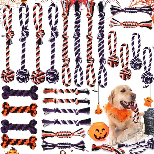 Glimin 24 Stück Halloween Hundespielzeug Hundeseil Kauspielzeug Set Halloween Baumwollseil Hundespielzeug Stabiles Baumwollseil Kauspielzeug Zahnspielzeug für Hundetraining Zahnreinigung Halloween von Glimin