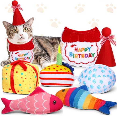 Glimin 7-teiliges Geburtstagskuchen-Katzenspielzeug-Set, Geburtstags-Thema, Katzenminze, Spielzeug, Katze, Geburtstagshut, Schal, Katze, Geburtstagsgeschenk, interaktives Katzenspielzeug, von Glimin