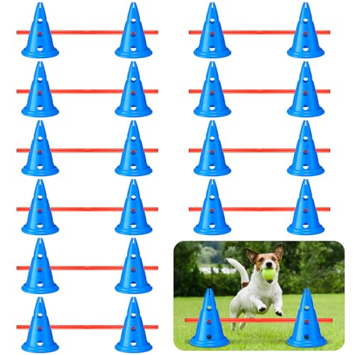 Glimin Agility-Hürden-Kegel-Set für Hunde, 20 Stück, Übungskegel mit 10 Agility-Stangen, verstellbar, Beweglichkeitstraining, Tragbares Agility-Trainingsgerät, Kegel, Agility-Stangen, Blau, 10 Sets von Glimin
