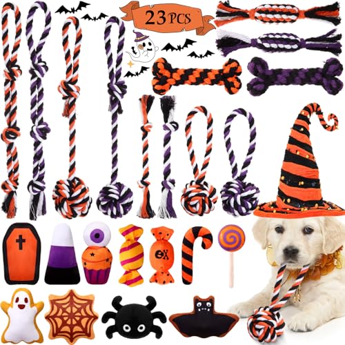 Glimin Halloween-Hundespielzeug mit Quietschspielzeug und Seil, Kauspielzeug-Set, Spinne, Plüsch, gefüllt, Geist, quietschendes Seil, Kauspielzeug für Welpen, interaktives Hundespielzeug, von Glimin