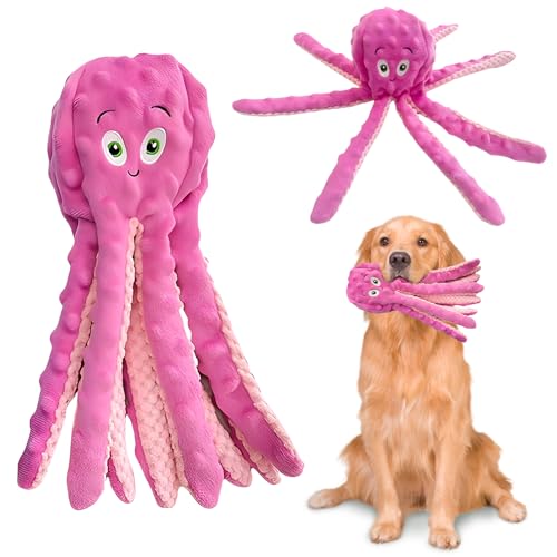 Glirop Octopus Interaktives Hundespielzeug, keine Füllung, Kauspielzeug für Hunde, quietschendes Plüsch-Welpenspielspielzeug mit Knisterpapier, weiches Hundespielzeug für kleine, mittelgroße und große von Glirop