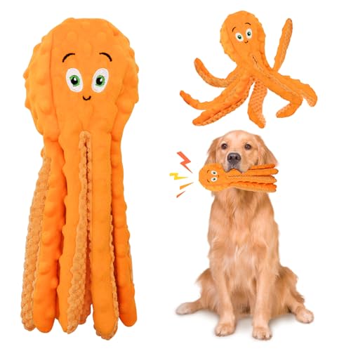 Glirop Octopus Interaktives Hundespielzeug, keine Füllung, Kauspielzeug für Hunde, quietschendes Plüsch-Welpenspielspielzeug mit Knisterpapier, weiches Hundespielzeug für kleine, mittelgroße und große von Glirop