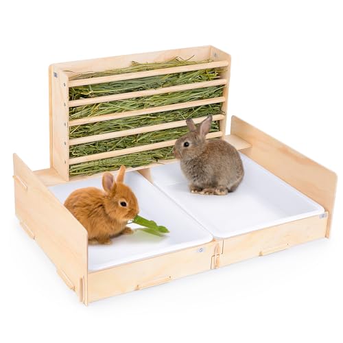 Glittme Kaninchentoilette mit 2 in 1 Holz Kaninchen Heu Futterstation Groß Bunny Katzentoilette mit 2 Becken Meerschweinchen Katzentoilette Leicht zu Reinigen Frettchen Katzentoilette für Kaninchen, von Glittme