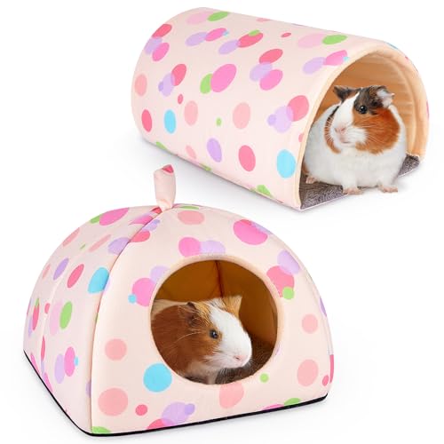 Meerschweinchenversteck Glittme Weiches Meerschweinchenbett und Tunnel, 2 Pack Waschbarer Meerschweinchentunnel mit Haus Meerschweinchen Zubehör für Hamster, Kaninchen, Hase, Kleintier, Aprikose Polka von Glittme