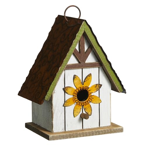 Glitzhome 21 cm H hängendes Vogelhaus mit 3D-Blume im Used-Look Massivholz dekoratives Garten-Vogelhaus für den Außenbereich von Glitzhome