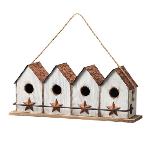 Glitzhome 43,2 cm L gewaschenes weißes Massivholz 4-Zimmer-Villa Vogelhaus mit Sitzstange Garten hängendes Vogelhaus für den Außenbereich von Glitzhome