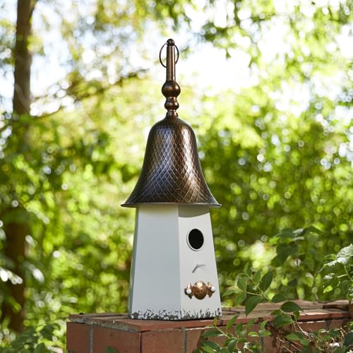 Glitzhome 61 cm H Metall Hängendes Vogelhaus für den Außenbereich, Bauernhaus-Pagode, bemalt, dekoratives Vogelhaus mit Glockendach für Bluebird Zaunkönig, Küken, Spatz, Vogel-Nistkasten für Garten, von Glitzhome