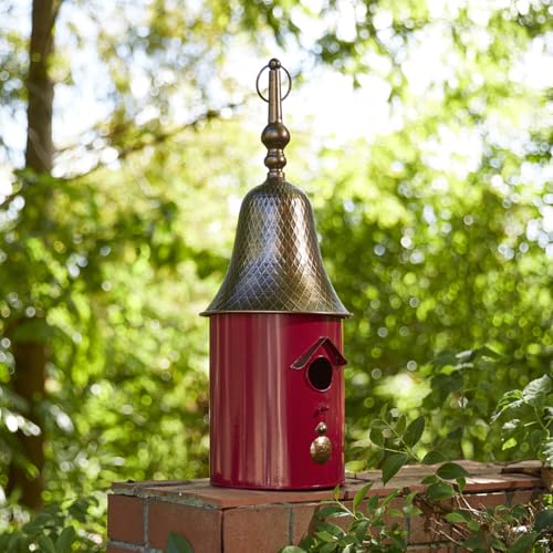 Glitzhome 61.0 cm H Metall Hängendes Vogelhaus für den Außenbereich, Bauernhaus Pagode Bemalt Dekoratives Vogelhaus mit Glockendach für Bluebird Zaunkönig Küken Spatzen Vogel Nistkasten für Garten von Glitzhome