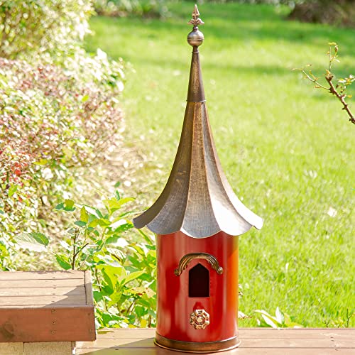 Glitzhome 81.3 cm Höhe Vogelhaus zum Aufhängen für den Außenbereich, übergroßes Bauernhaus-Pagode, bemaltes Vogelhaus mit Bronze-Dach für Blauvogel-Dach, Küken, Spatzen, Terrasse, Retro-Rot von Glitzhome