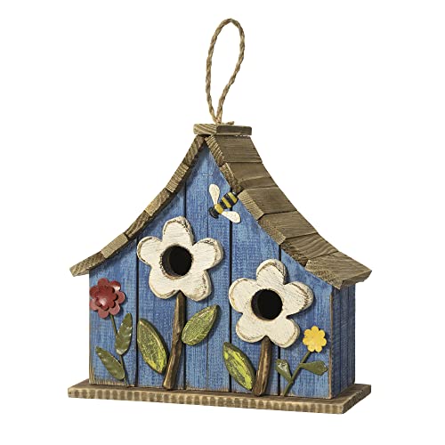 Glitzhome GH90141R Hängendes Vogelhaus aus gewaschenem Blau, Used-Look, Massivholz, zweistöckiges Stadthaus mit 3D-Blumen für draußen von Glitzhome