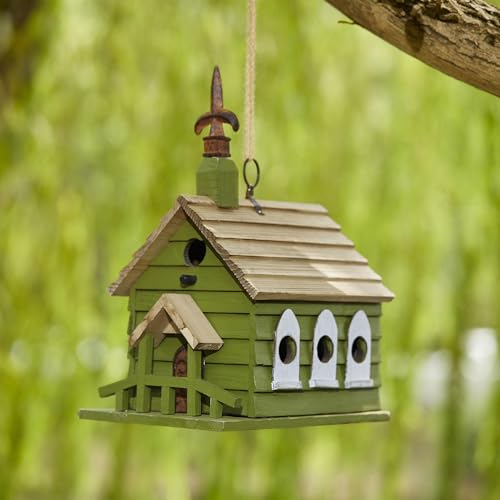 Glitzhome Übergroßes Vogelhaus aus Massivholz, 27,9 cm, dekorativ, Kirche, hängend, Garten, Vogelhaus, gewaschenes Grün von Glitzhome