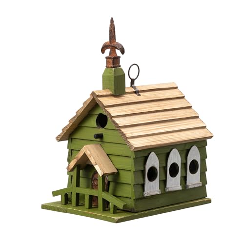 Glitzhome Übergroßes Vogelhaus aus Massivholz, 27,9 cm, dekorativ, Kirche, hängend, für den Außenbereich, gewaschenes Grün von Glitzhome