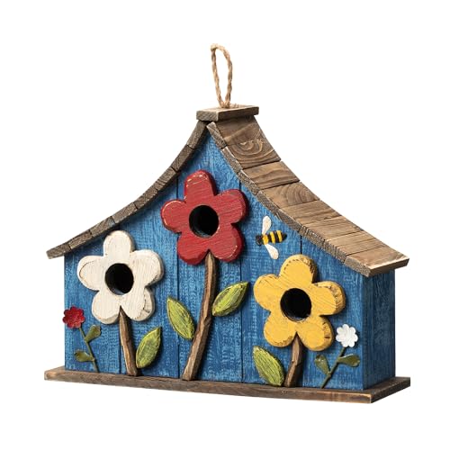 Glitzhome Übergroßes Vogelhaus aus Massivholz mit 3D-Blumen, rustikale dreistöckige Villa, dekorativ, handbemalt, für den Garten im Freien, verwaschenes Blau von Glitzhome