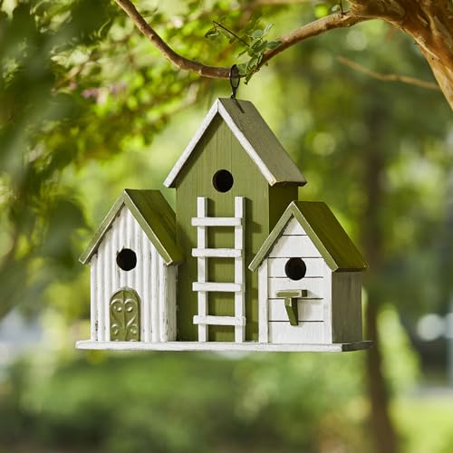 Glitzhome Übergroßes Vogelhaus im Used-Look, Massivholz, 3-Zimmer-Villa, dekoratives Haustierhaus, hängend, für den Außenbereich, Garten, Vogelhaus mit 3D-Leiter, verwaschenes Grün von Glitzhome