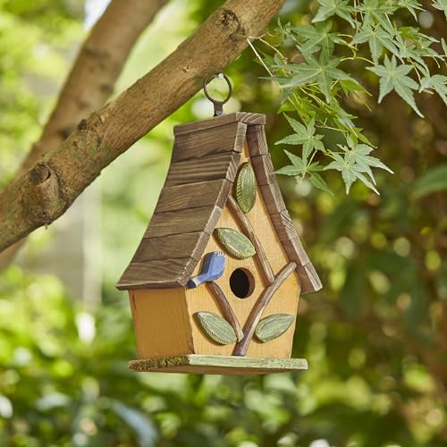 Glitzhome Vogelhaus zum Aufhängen, 24,1 cm, aus Massivholz, dekoratives Vogelhaus mit Palettendach aus Naturholz, für den Außenbereich, gewaschenes Gelb von Glitzhome