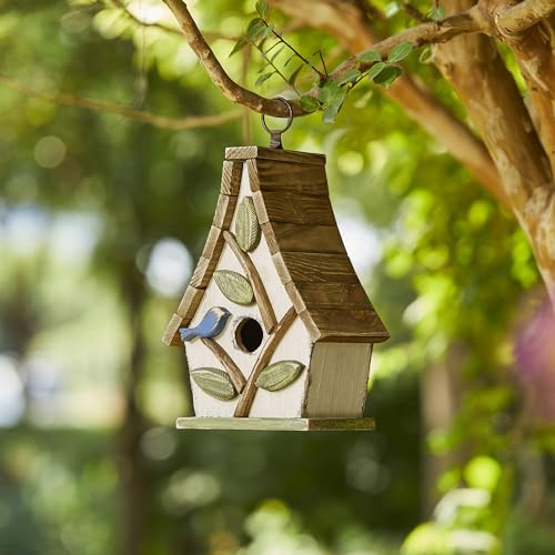 Glitzhome Vogelhaus zum Aufhängen, 24,1 cm, aus Massivholz, dekoratives Vogelhaus mit Palettendach aus Naturholz und 3D-Baum für den Außenbereich, gewaschenes Weiß von Glitzhome