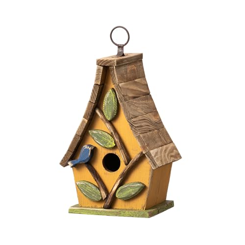 Glitzhome Vogelhaus zum Aufhängen, Massivholz, dekorativ, für den Außenbereich, mit Palettendach aus Naturholz, verwaschenes Gelb, 24,1 cm hoch von Glitzhome