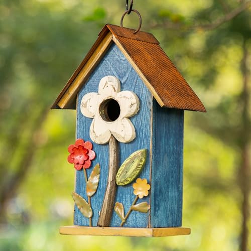 Glitzhome Vogelhaus zum Aufhängen, für den Außenbereich, Terrasse, Garten, dekoratives Vogelhaus, Haustierhaus, Used-Look, Holz, Vogelhaus mit 3D-Blumen, verwaschenes Blau von Glitzhome