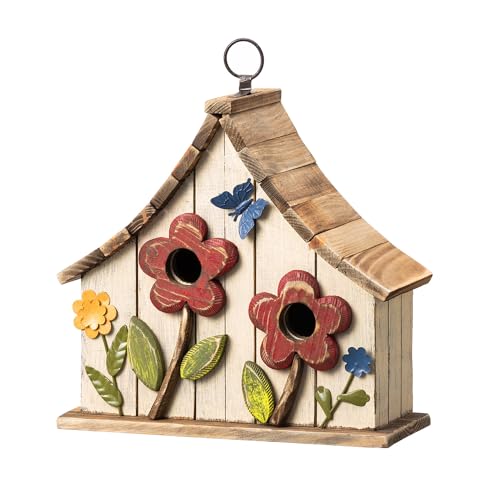 Vogelhaus aus Massivholz mit 3D-Blumen, rustikales zweistöckiges Stadthaus, handbemalt, für Garten, Outdoor, gewaschenes Weiß, 27,3 cm L von Glitzhome