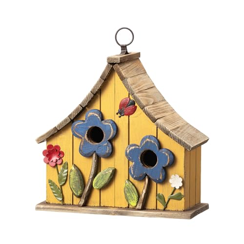 Vogelhaus aus Massivholz mit 3D-Blumen, rustikales zweistöckiges Stadthaus, handbemalt, für den Garten im Freien, verwaschenes Gelb, 27,3 cm L von Glitzhome