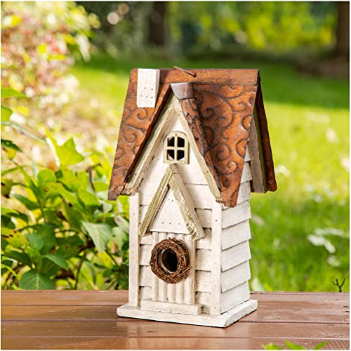 glitzhome Vogelhaus aus Massivholz, 30,5 cm hoch, gewaschenes Weiß, Used-Look, Vogelhaus zum Aufhängen, für den Außenbereich von Glitzhome