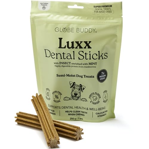 Globe Buddy Luxx Dental Sticks, 250g | Zahnpflege für Hunde | Getreidefreie Kaustangen mit Insektenprotein und Minze | Weniger Plaque & Zahnstein | Hundeleckerli in Premium Qualität | 7 Sticks von Globe Buddy